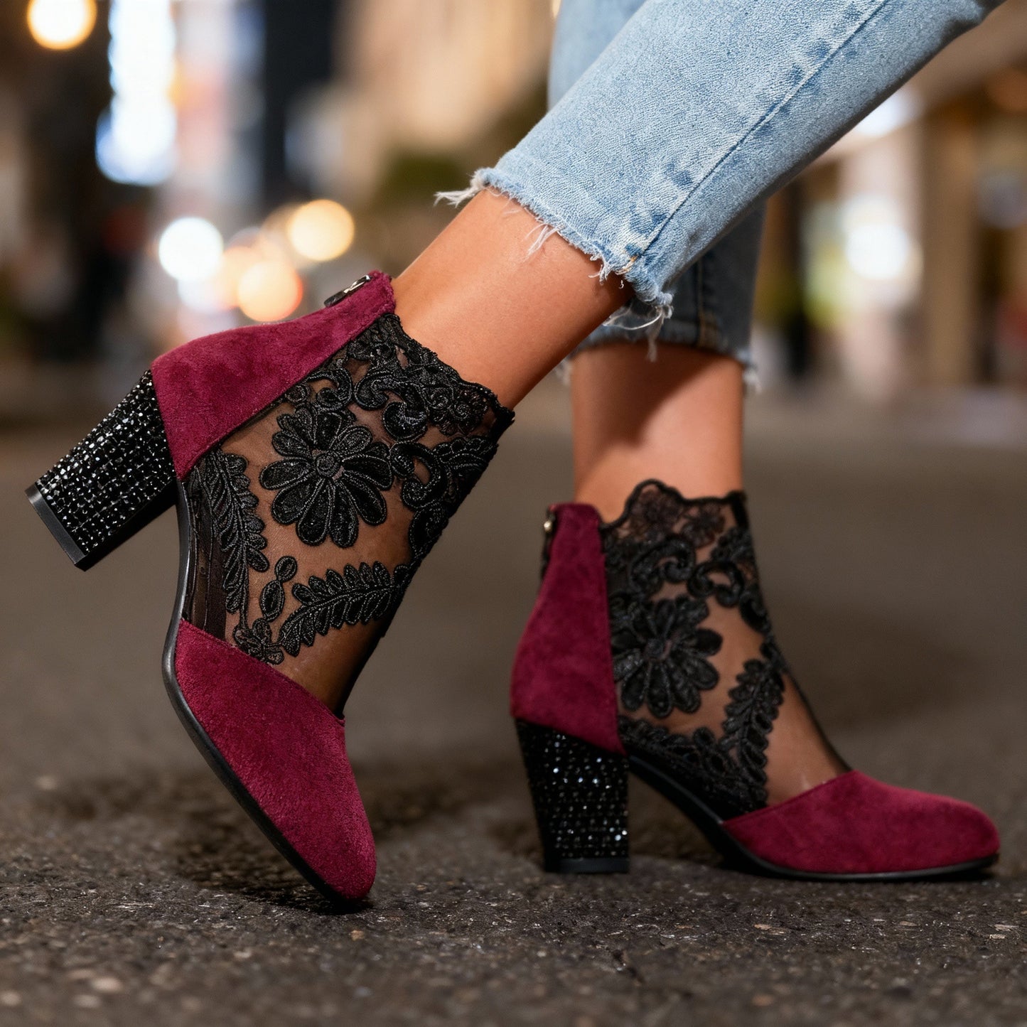 Women's Black Suede Block Heels with Lace Embroidery Corvine