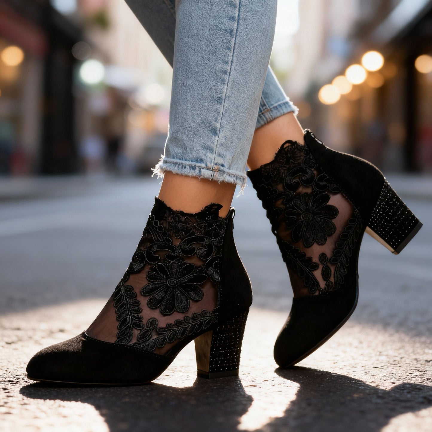 Women's Black Suede Block Heels with Lace Embroidery Corvine