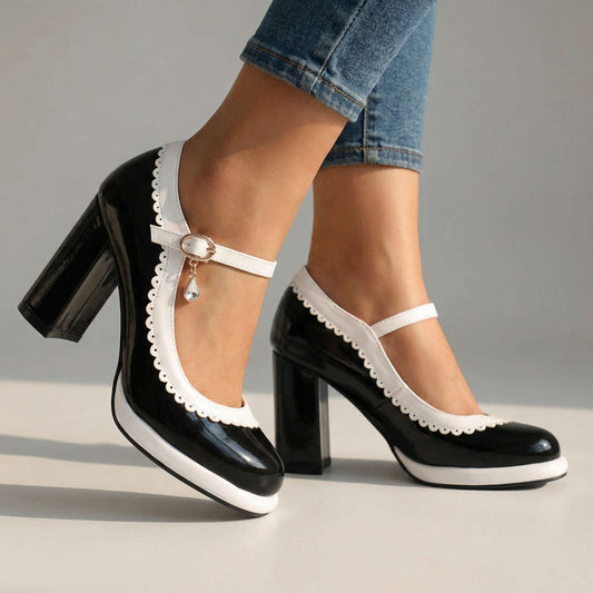 Women's Black Synthetic Block Heel Mary Jane Pumps Corvine