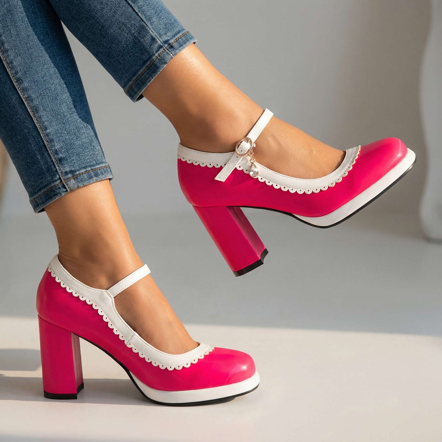 Women's Black Synthetic Block Heel Mary Jane Pumps Corvine