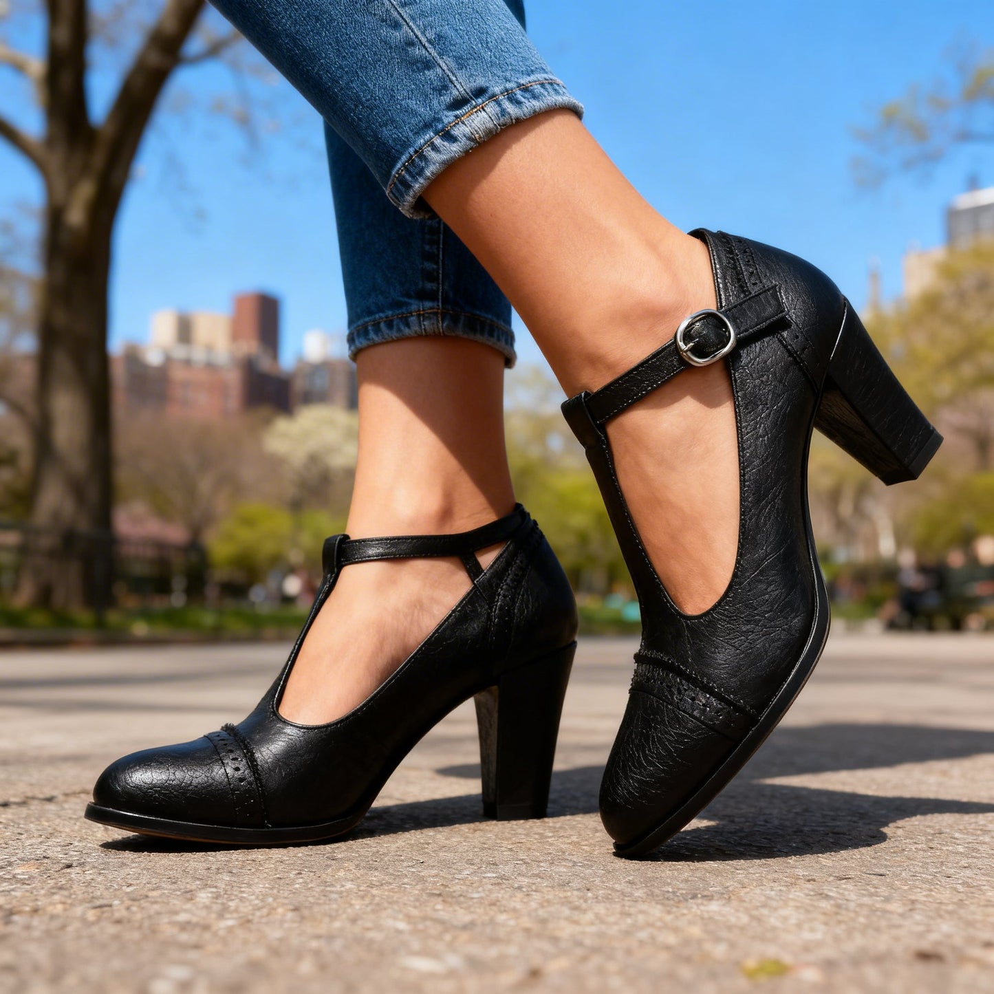 Women's Black T-Strap Brogue Loafers Corvine