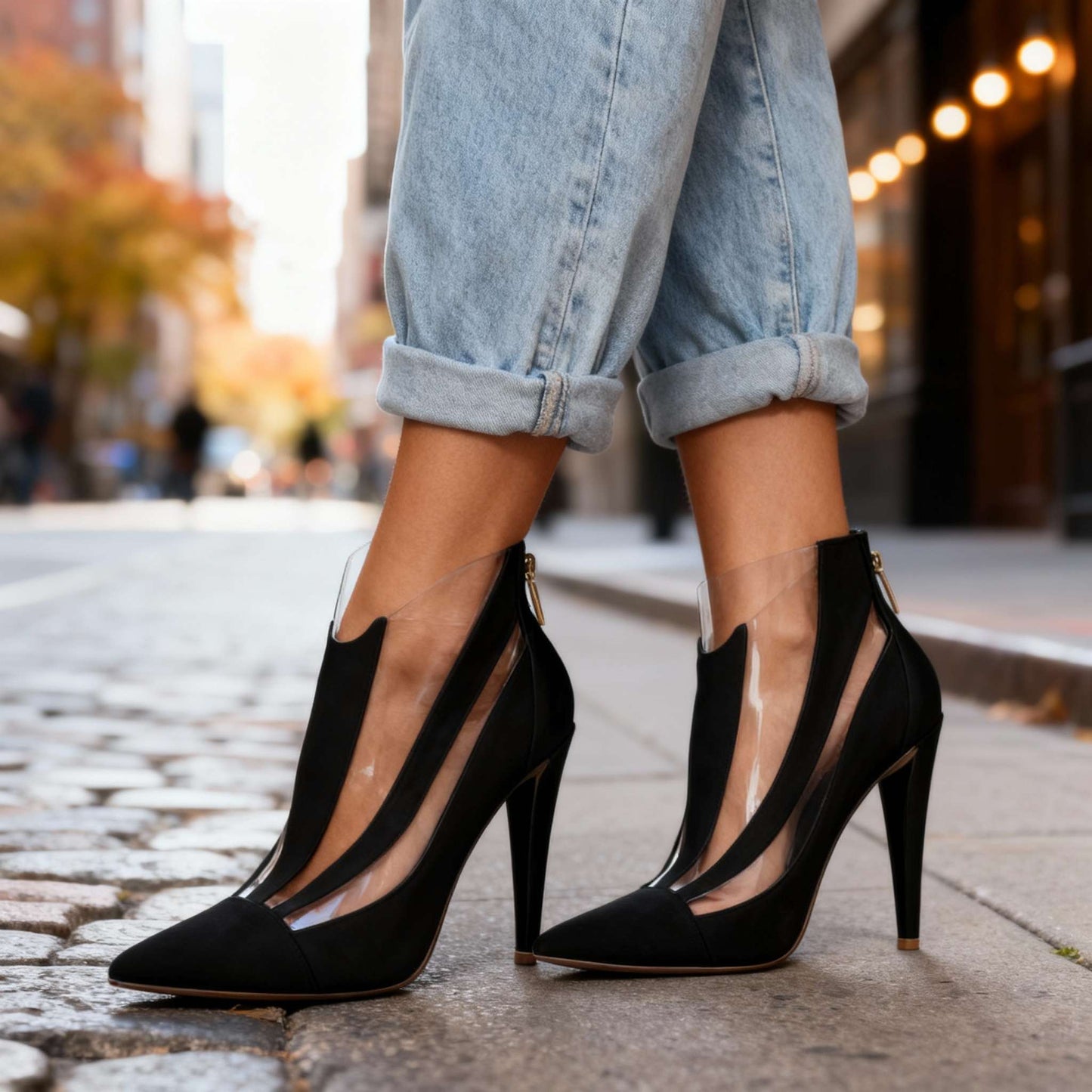 Women's Black Transparent Panel Pointed Heels Corvine