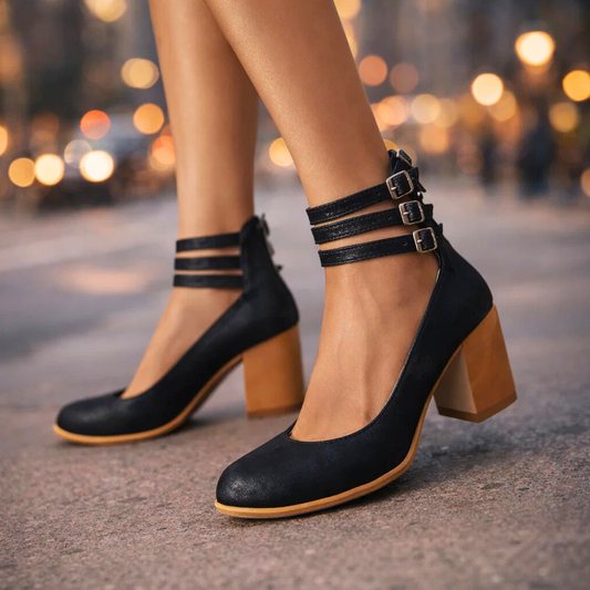 Women's Black Vegan Leather Block Heels Corvine