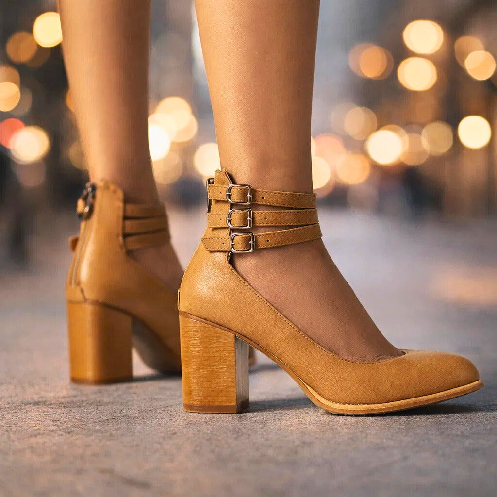 Women's Black Vegan Leather Block Heels Corvine