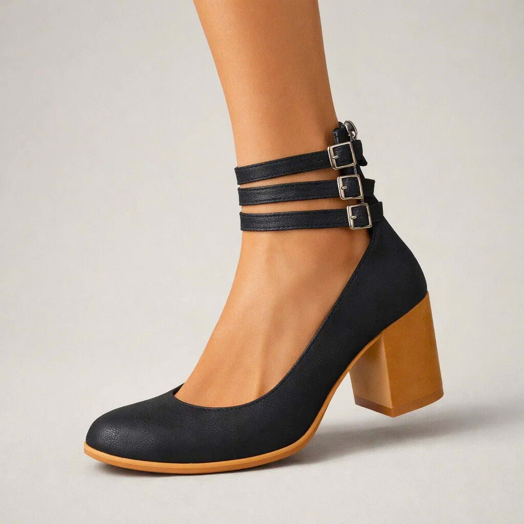 Women's Black Vegan Leather Block Heels Corvine