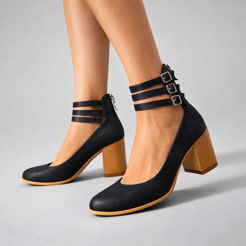 Women's Black Vegan Leather Block Heels Corvine