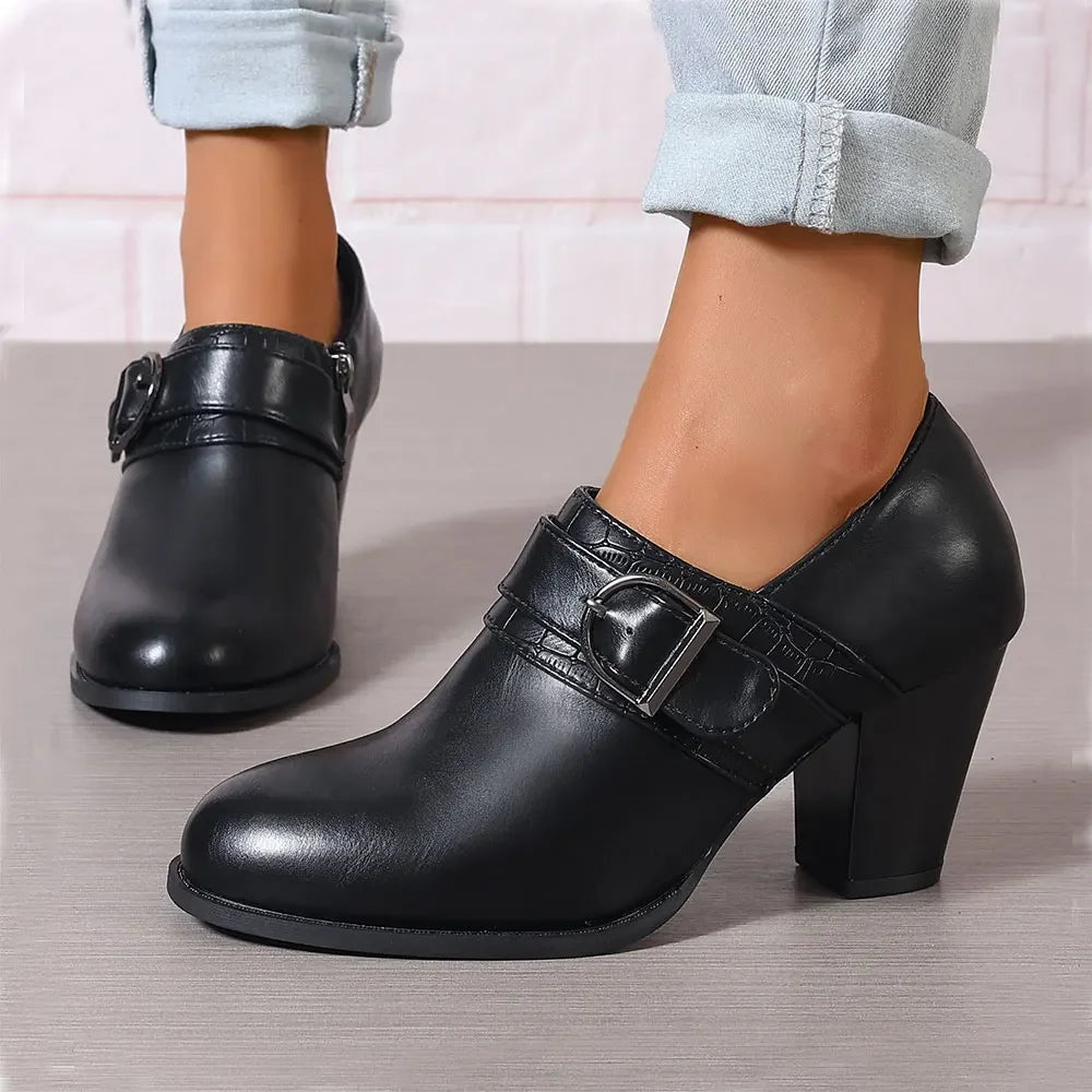 Women's Black Vegan Leather Buckle Boots Corvine