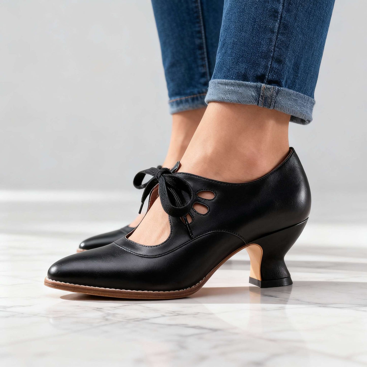 Women's Black Vegan Leather Lace-Up Heels Corvine