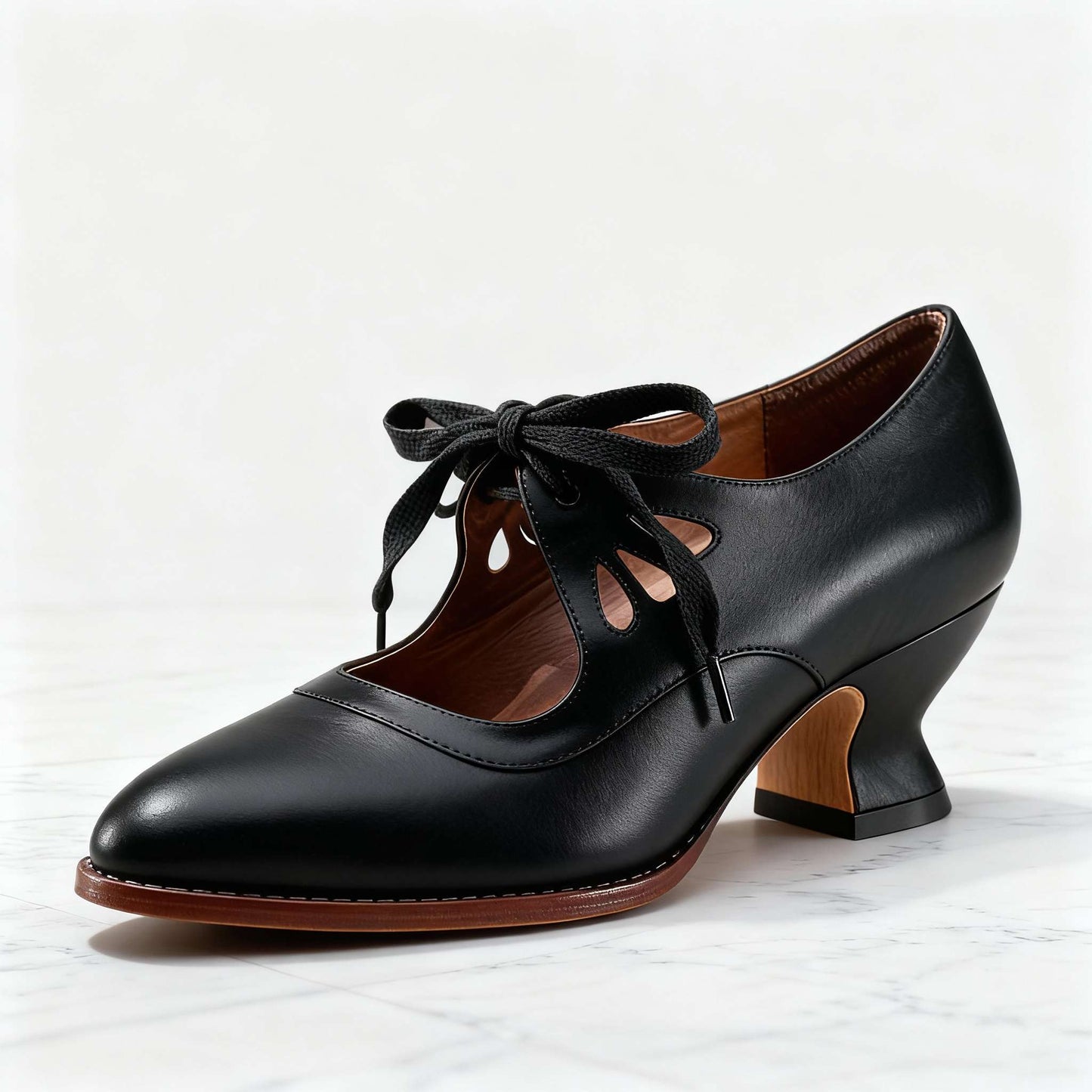 Women's Black Vegan Leather Lace-Up Heels Corvine