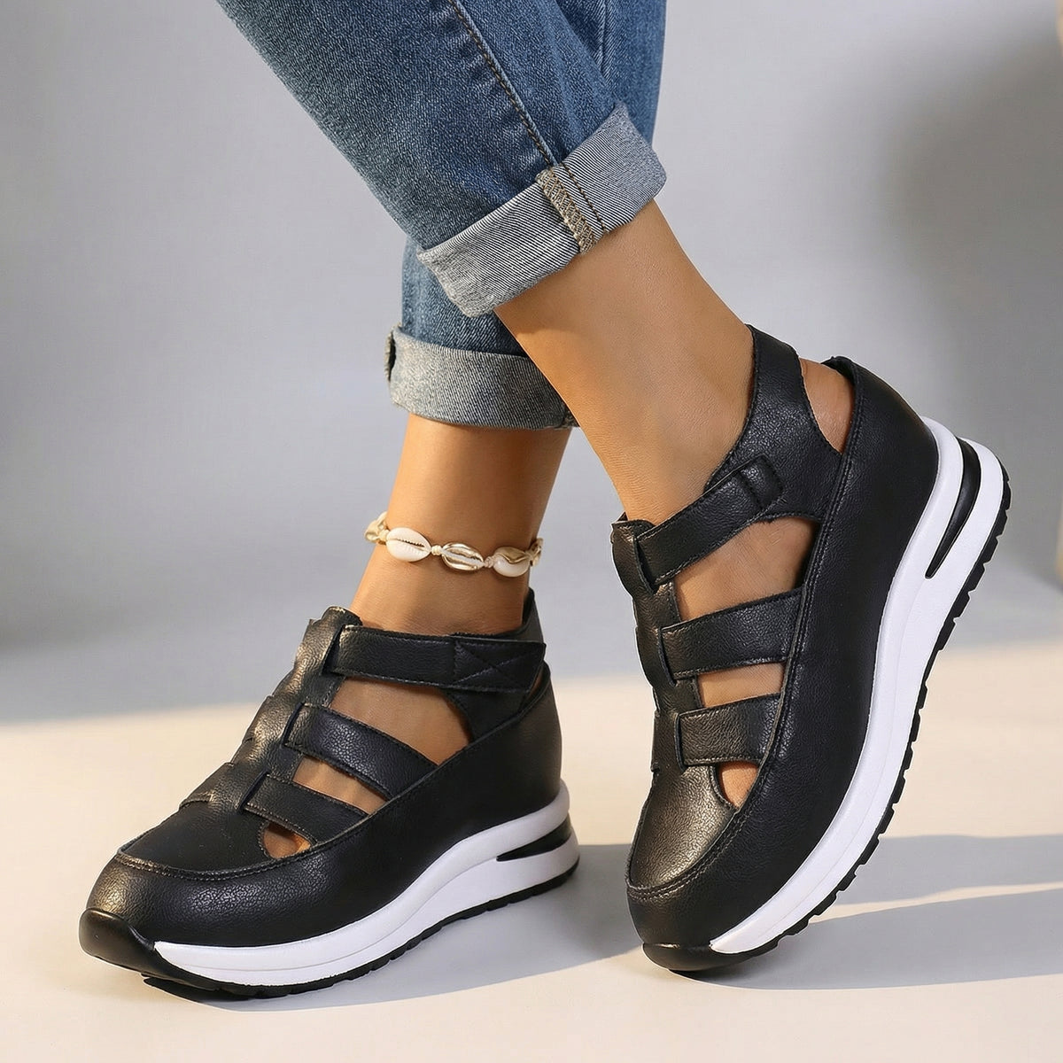 Women's Black Wedge Sandals With Multi-Strap Design Corvine
