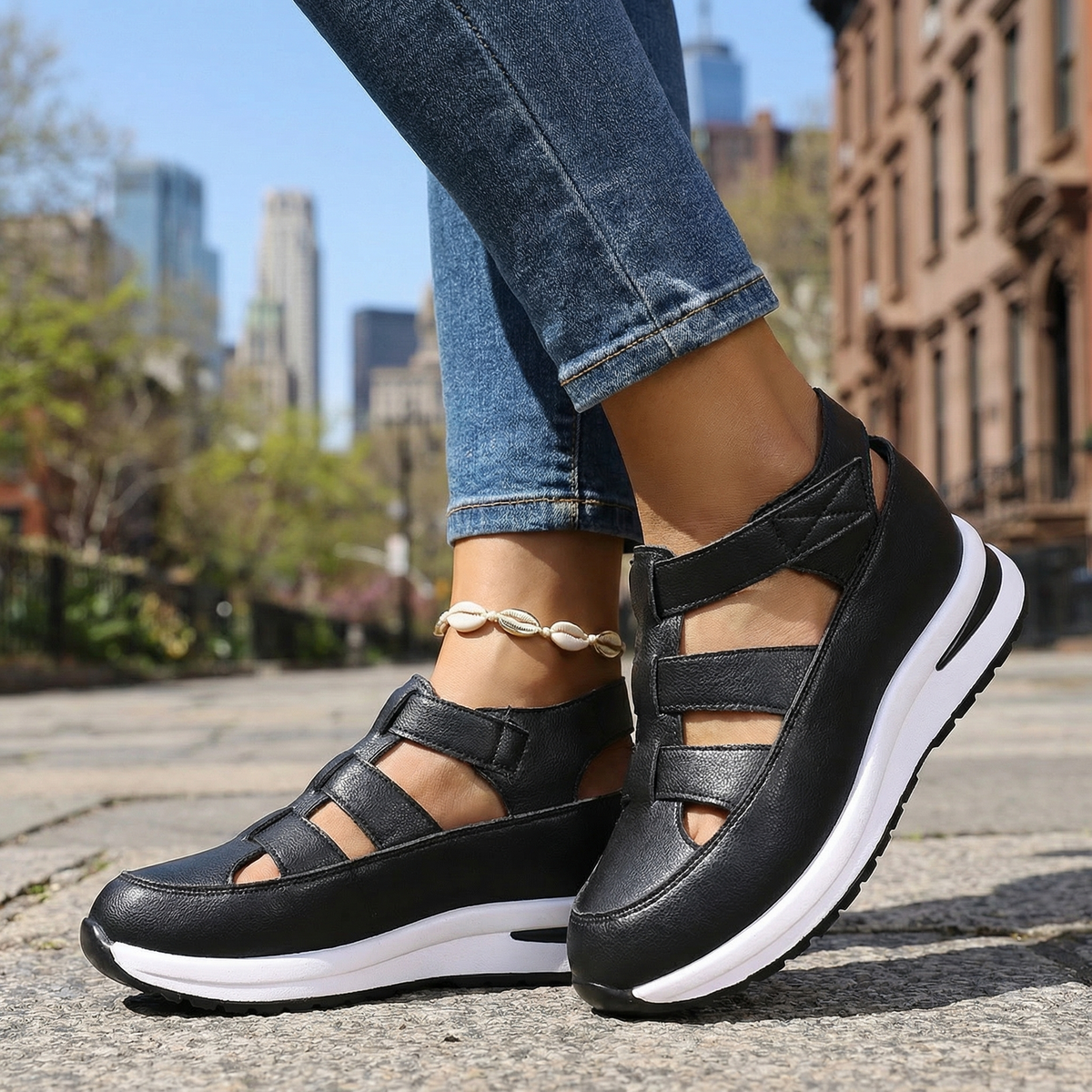 Women's Black Wedge Sandals With Multi-Strap Design Corvine