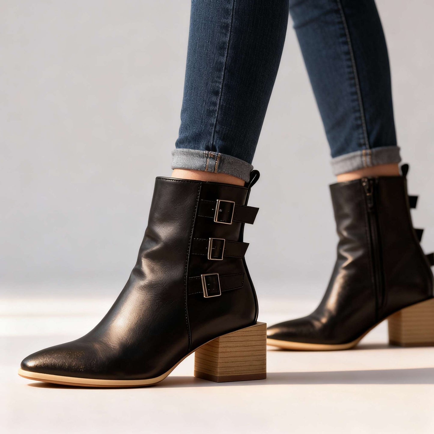 Women's Block Heel Triple Buckle Boots Corvine