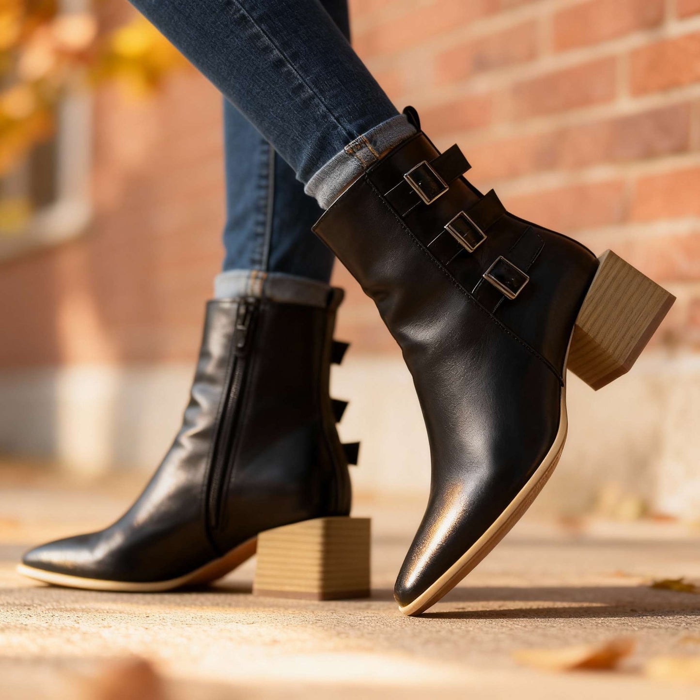 Women's Block Heel Triple Buckle Boots Corvine