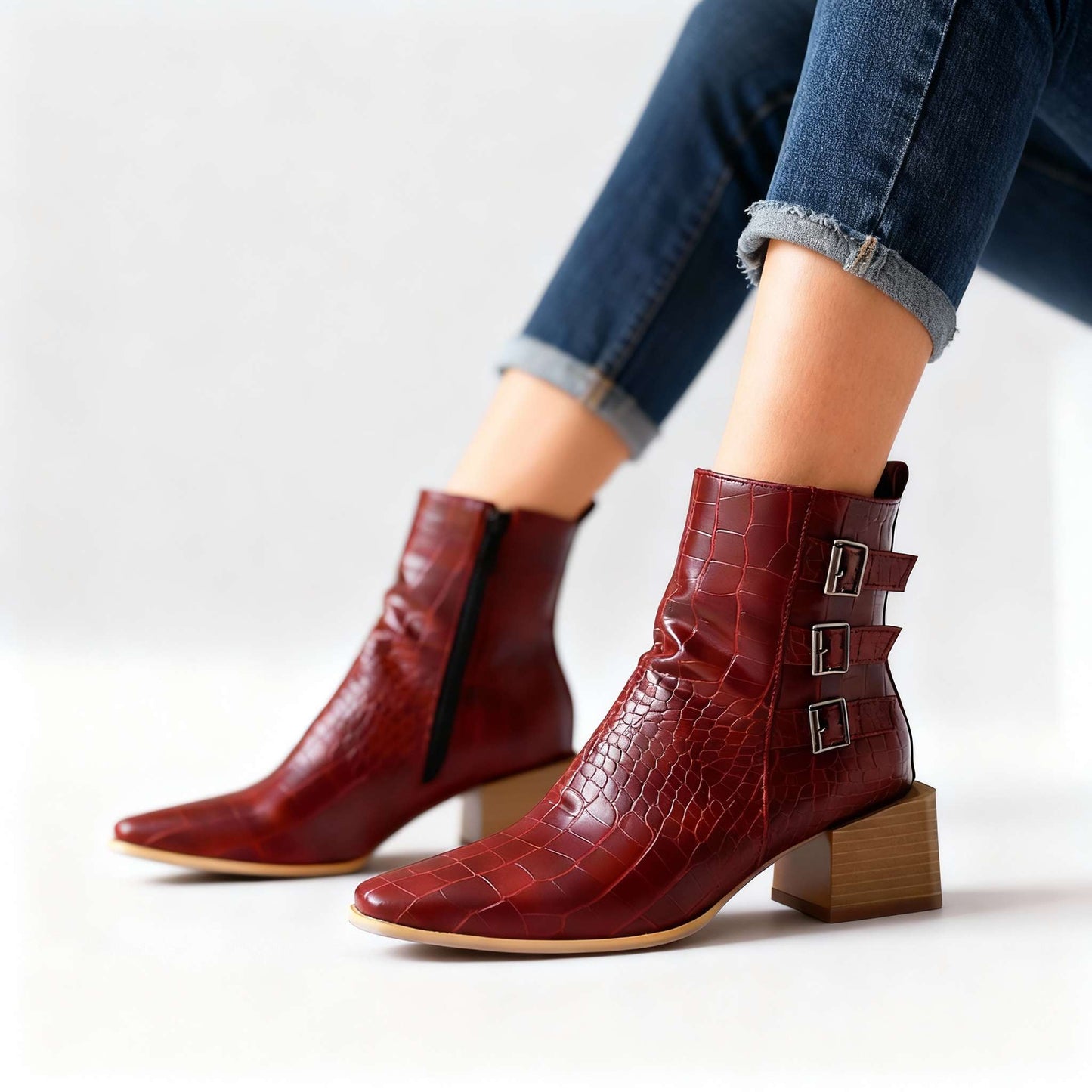 Women's Block Heel Triple Buckle Boots Corvine