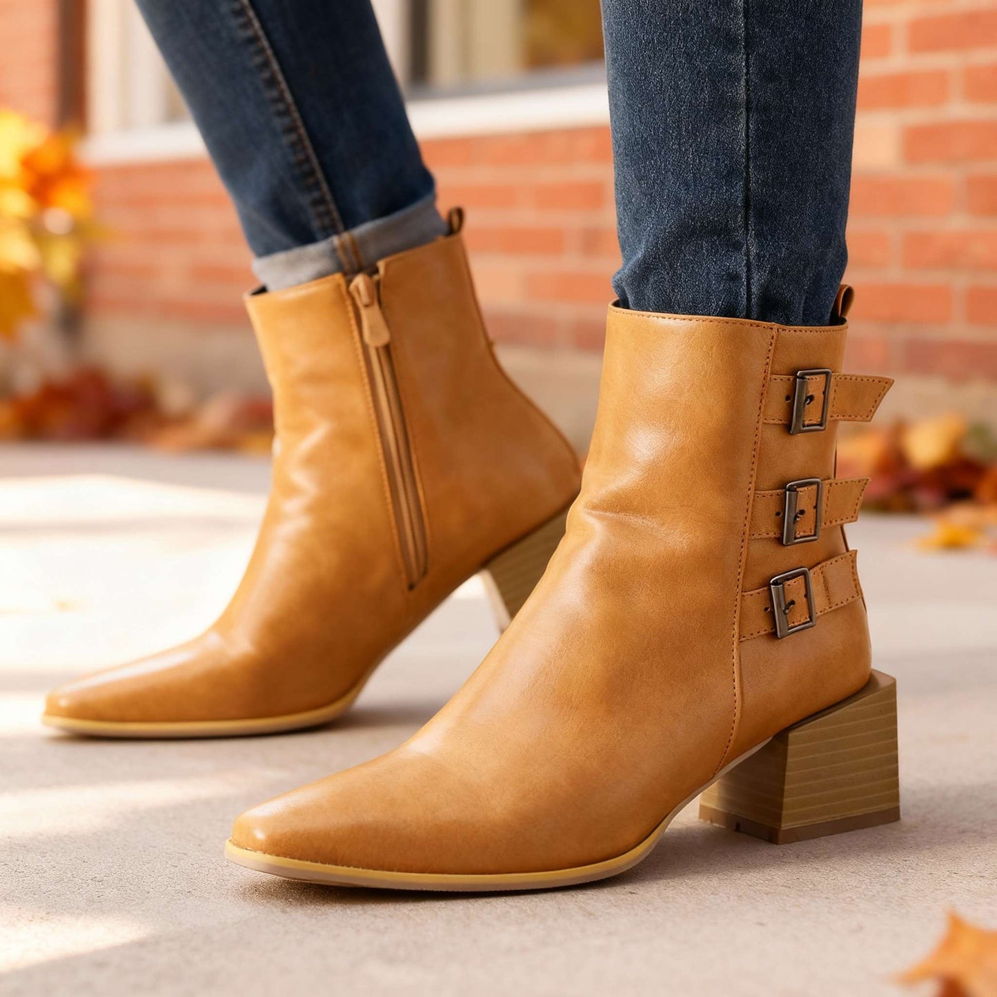 Women's Block Heel Triple Buckle Boots Corvine