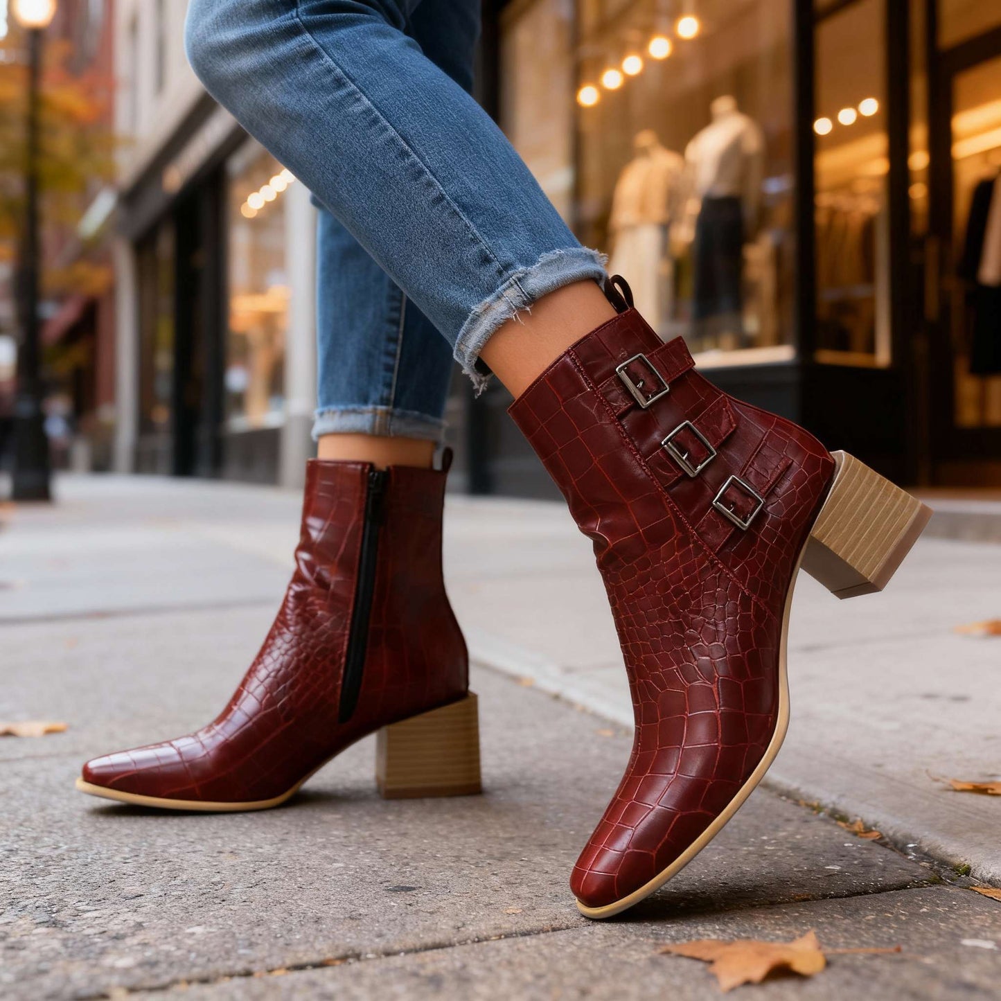 Women's Block Heel Triple Buckle Boots Corvine
