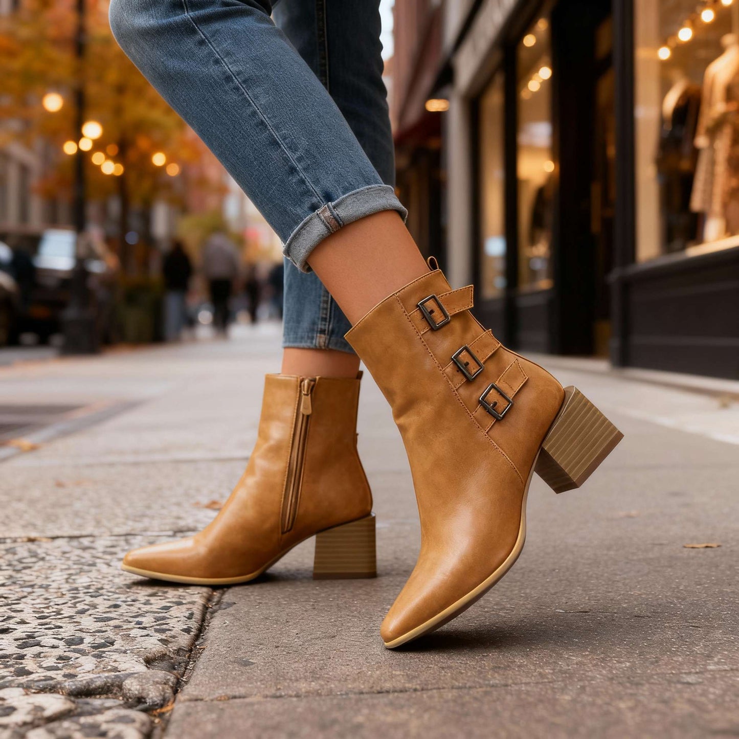 Women's Block Heel Triple Buckle Boots Corvine