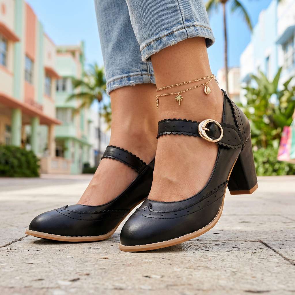 Women's Brogue-Edged Mary Jane Pumps Corvine
