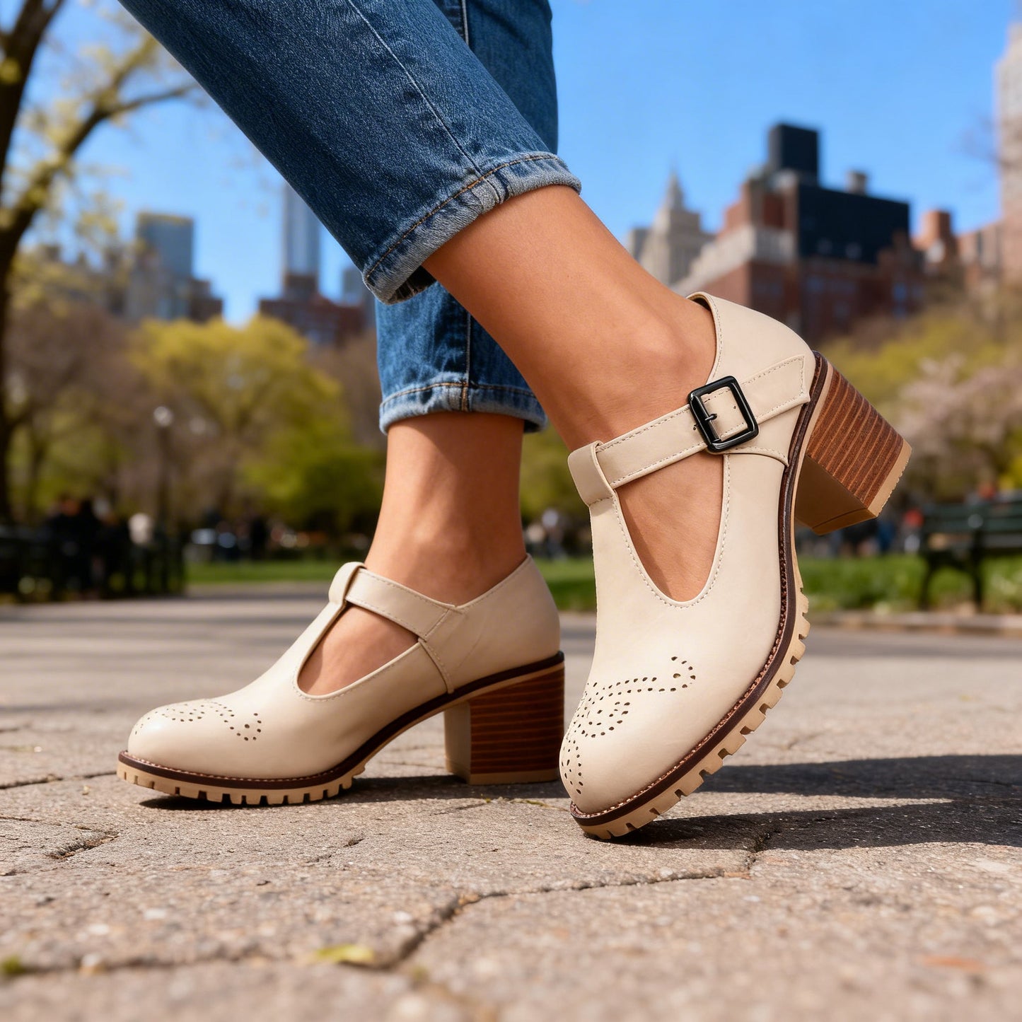 Women's Brogue Perforated Block Heel Loafers Corvine