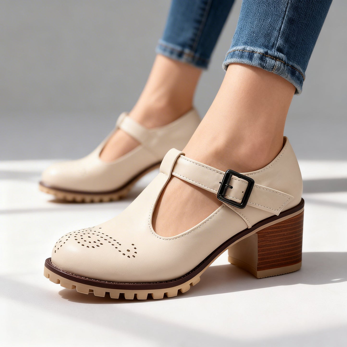 Women's Brogue Perforated Block Heel Loafers Corvine