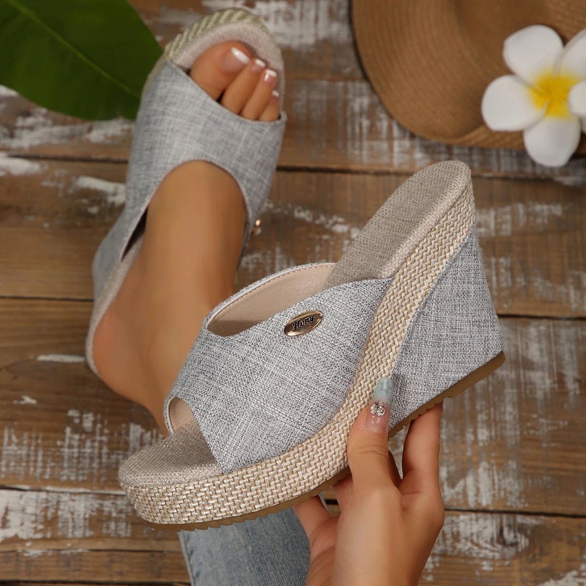 Women's Canvas-Linen Blend Wedge Sandals Corvine