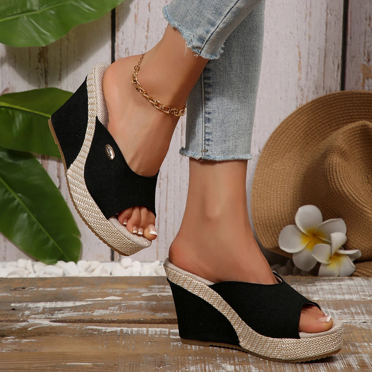 Women's Canvas-Linen Blend Wedge Sandals Corvine