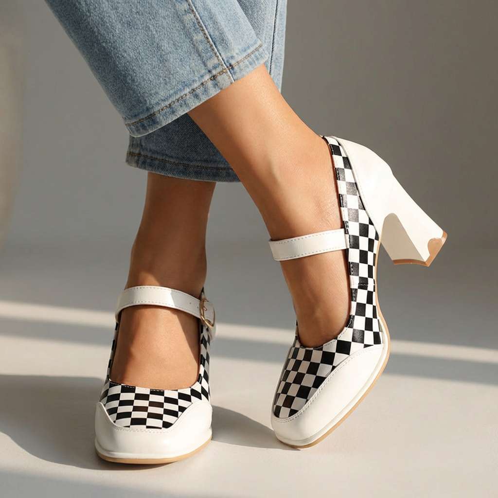 Women's Checkered Fabric Mary Jane Pumps Corvine