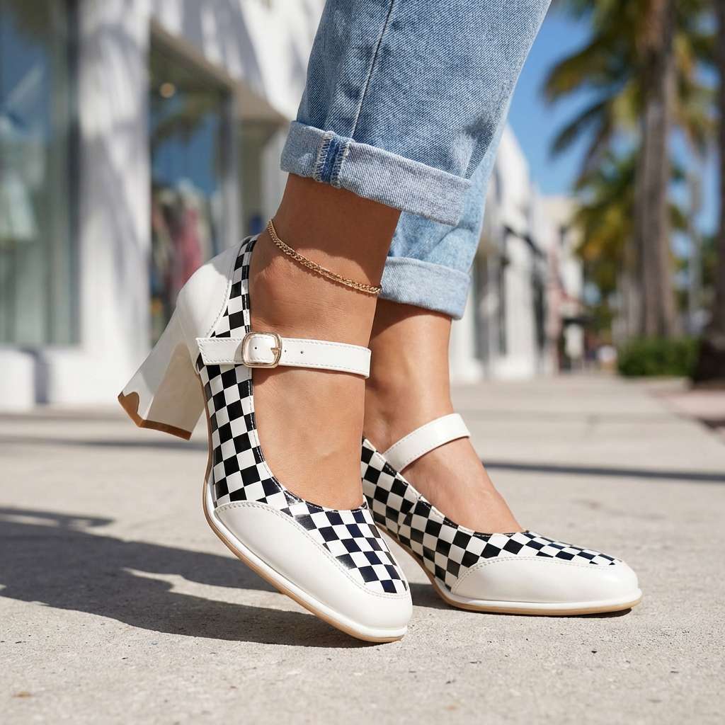 Women's Checkered Fabric Mary Jane Pumps Corvine