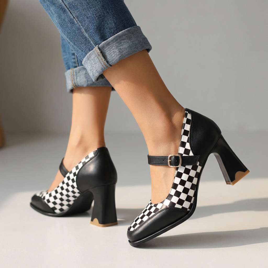 Women's Checkered Fabric Mary Jane Pumps Corvine