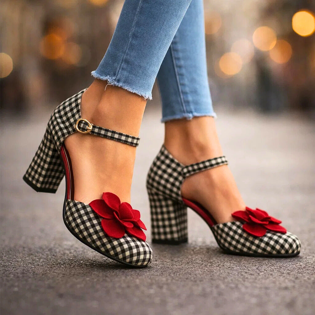 Women's Checkered Pattern Block Heel Heels Corvine