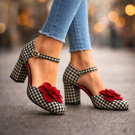 Women's Checkered Pattern Block Heel Heels Corvine