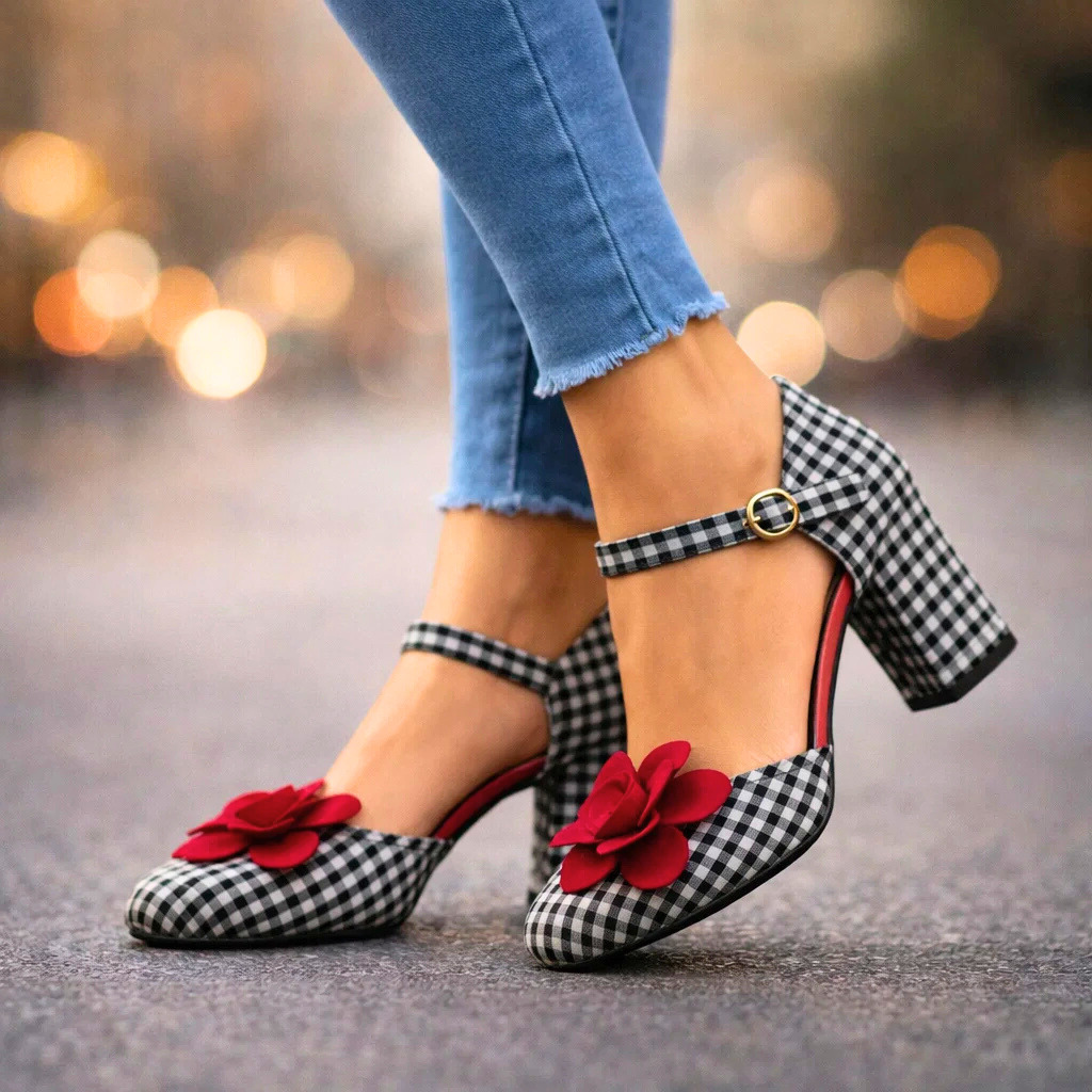 Women's Checkered Pattern Block Heel Heels Corvine