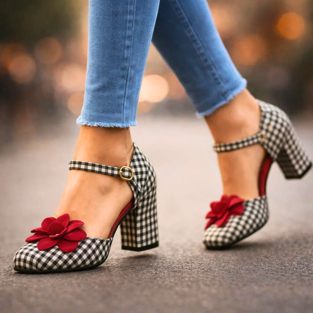Women's Checkered Pattern Block Heel Heels Corvine