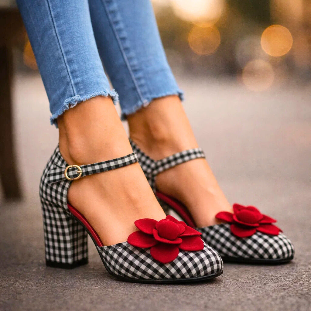 Women's Checkered Pattern Block Heel Heels Corvine