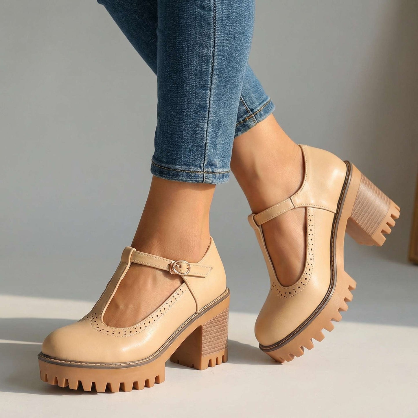 Women's Chunky T-Strap Mary Jane Heels Corvine
