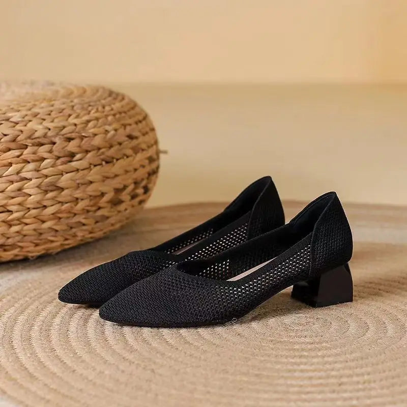 Women's Cotton Knit Block Heel Shoes Corvine