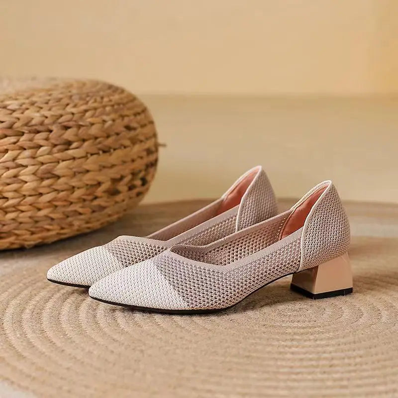 Women's Cotton Knit Block Heel Shoes Corvine