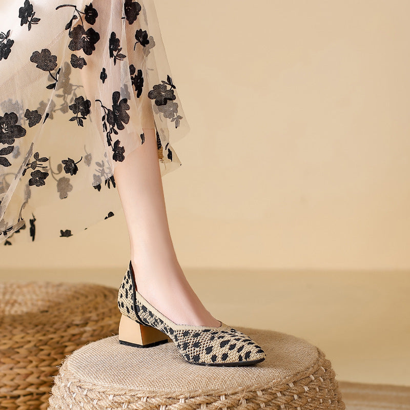 Women's Cotton Knit Block Heel Shoes Corvine