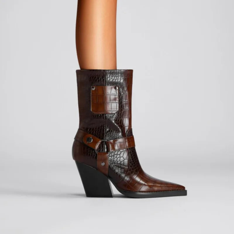 Women's Croc-Embossed Black Ankle Boots Corvine