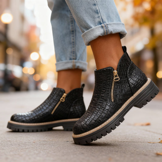Women's Croc-Embossed Black Ankle Boots Corvine