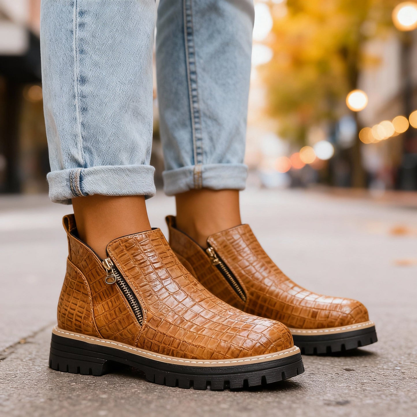 Women's Croc-Embossed Black Ankle Boots Corvine