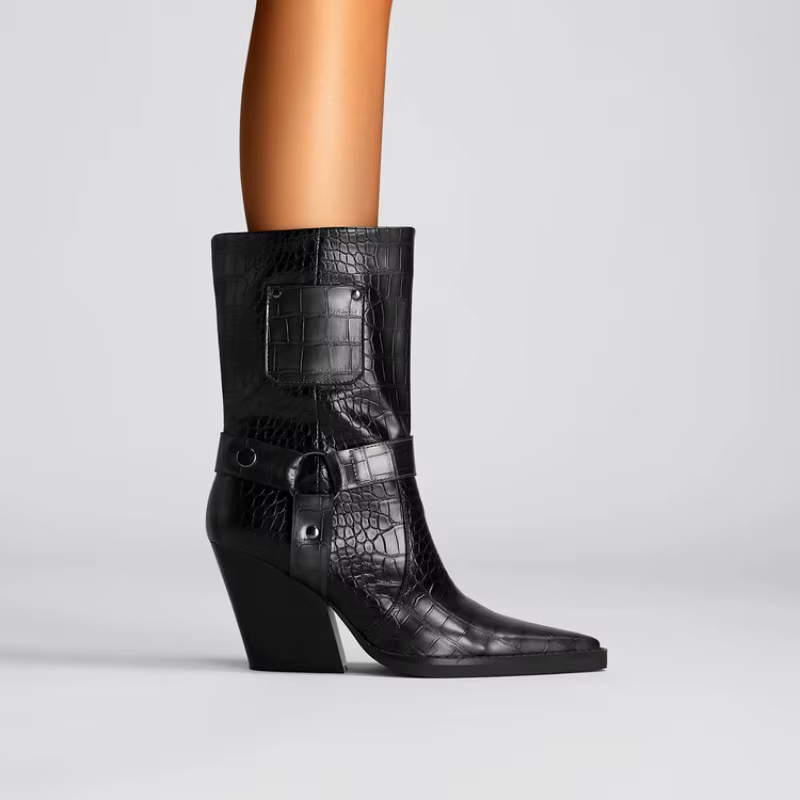 Women's Croc-Embossed Black Ankle Boots Corvine
