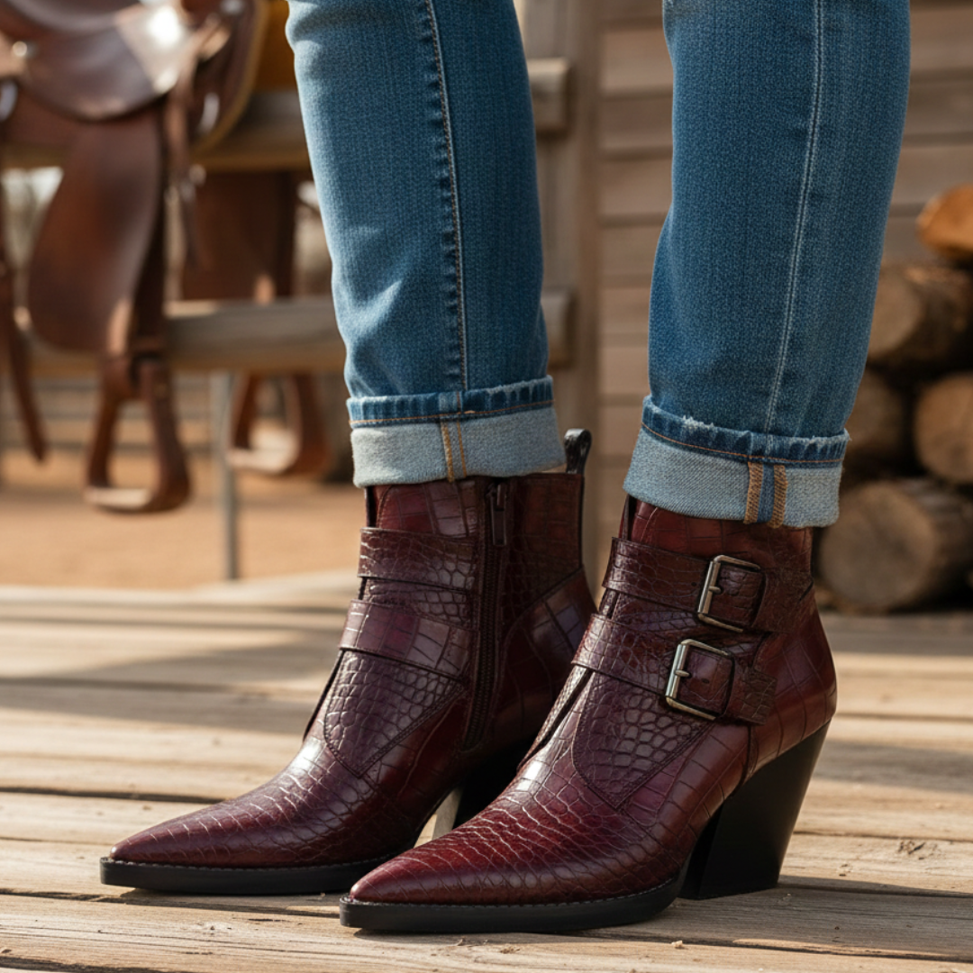 Women's Croc-Embossed Black Ankle Boots Corvine