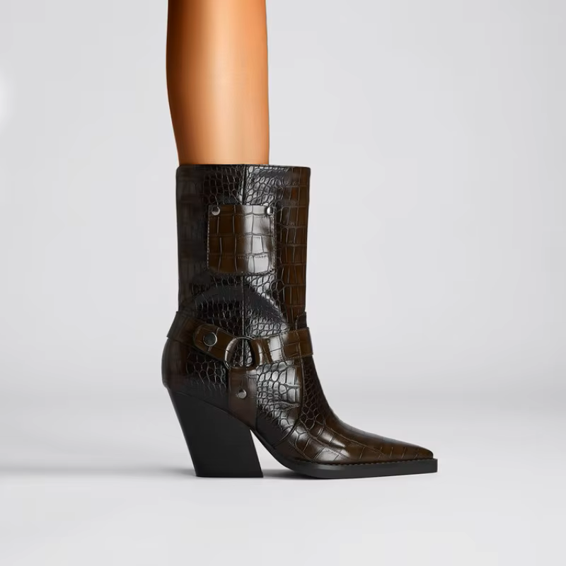 Women's Croc-Embossed Black Ankle Boots Corvine
