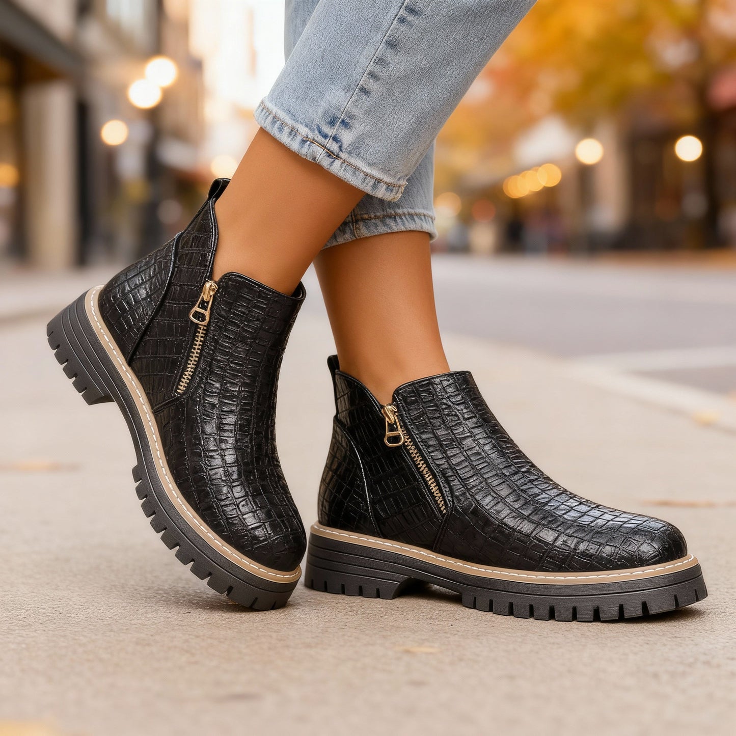 Women's Croc-Embossed Black Ankle Boots Corvine