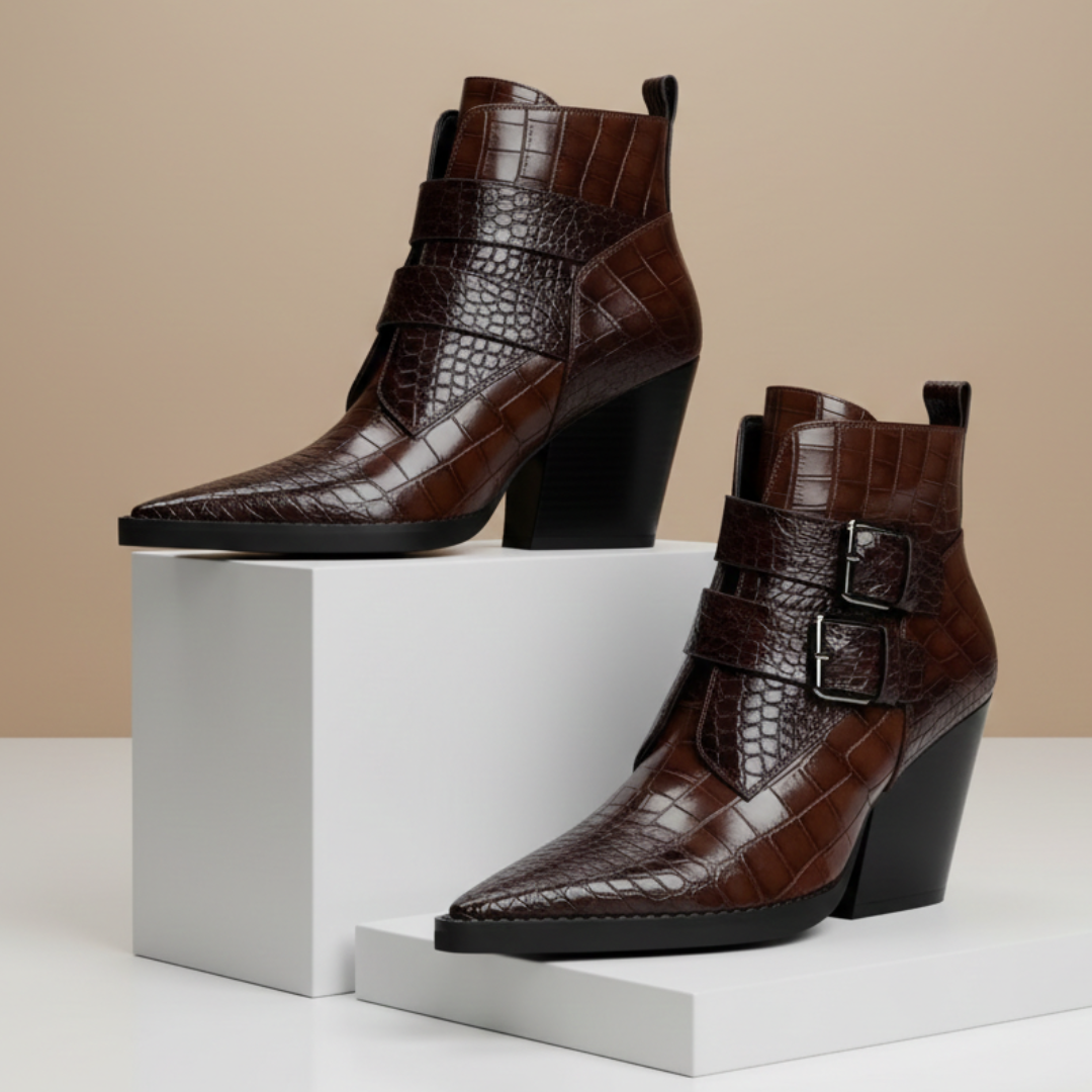Women's Croc-Embossed Black Ankle Boots Corvine