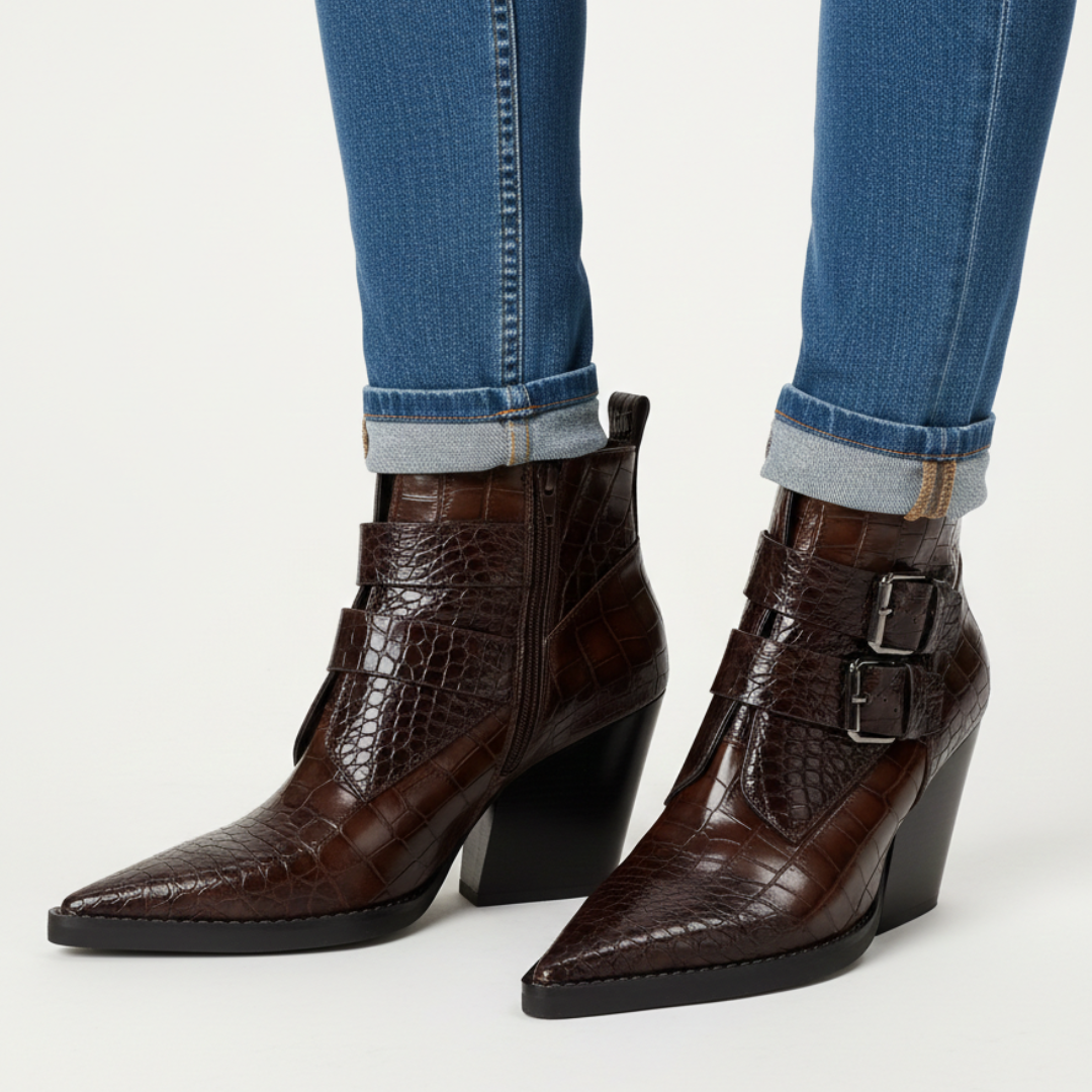 Women's Croc-Embossed Black Ankle Boots Corvine