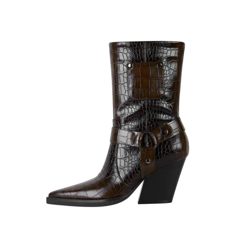 Women's Croc-Embossed Black Ankle Boots Corvine