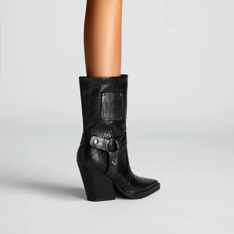 Women's Croc-Embossed Black Ankle Boots Corvine