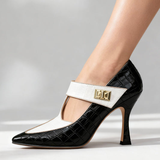 Women's Croc-Embossed Black T-Strap Heels Corvine